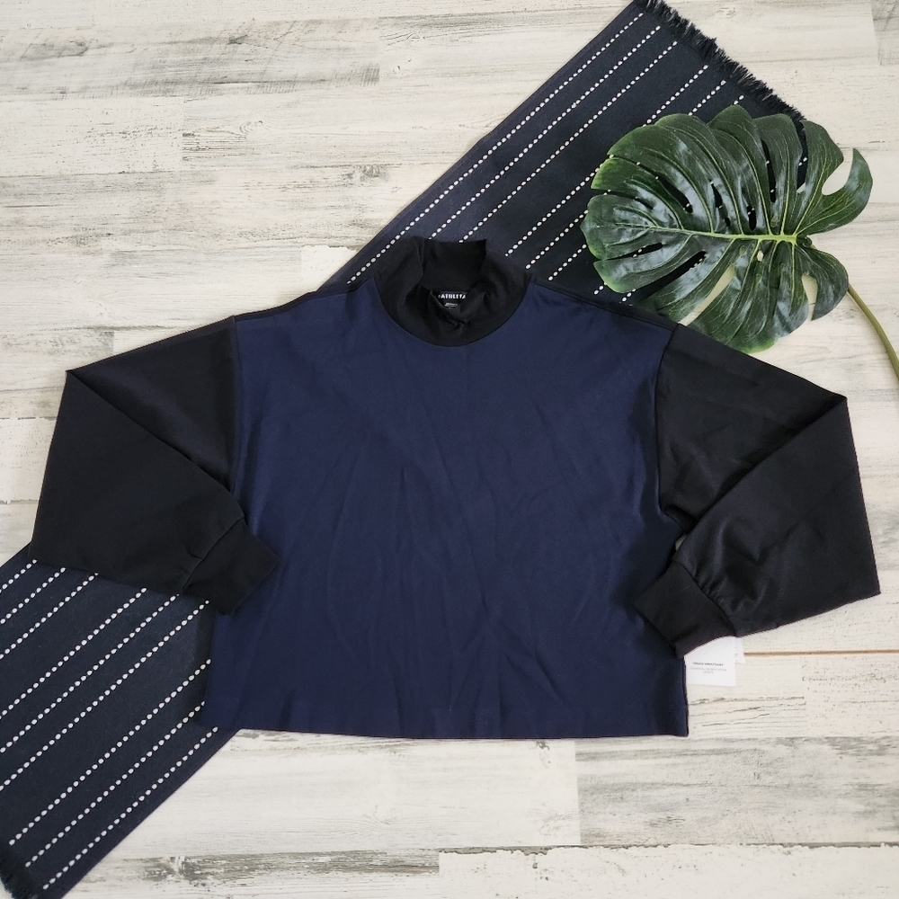 Athleta Venice Sweatshirt Crop Funnel Neck Blue Black NWT Size Medium